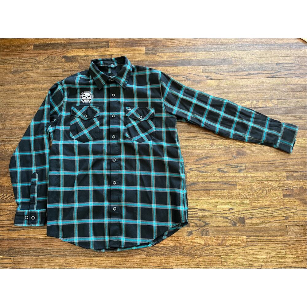 Demons Behind Me Flannel Shirt Mens Size 2XL Button Up Black Teal Plaid